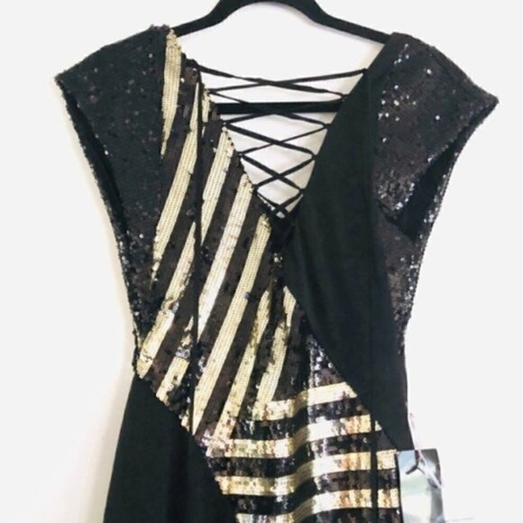 Bebe Dress S NWT Sequin Asymmetrical Sheer Lace Up Holiday New Years Gold - Picture 3 of 11